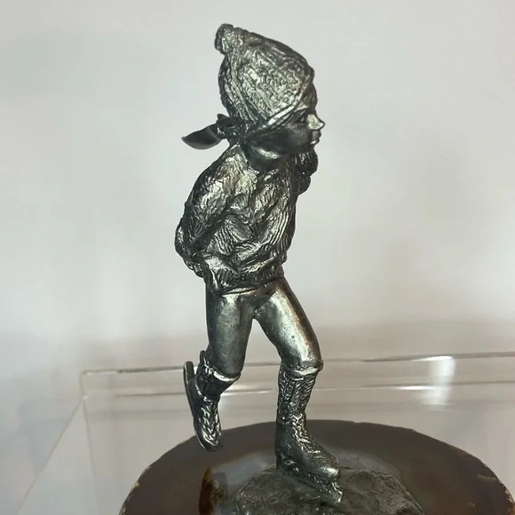 Bronze Figure, Young Boy Skating on a Lake of Banded Agate, Signed/Dated